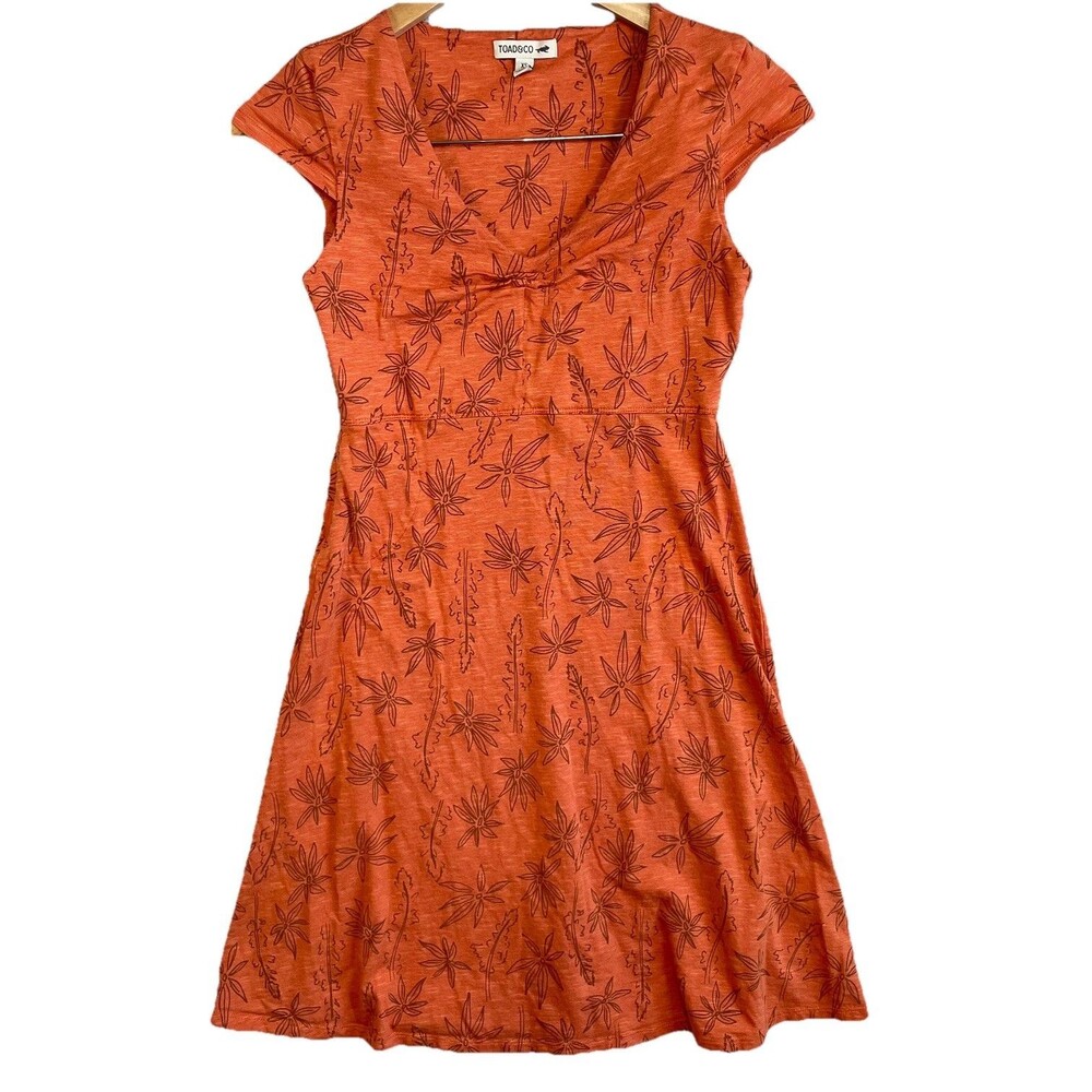 Toad & Co Organic Cotton Dress XS Orange Floral A-Line Cap Sleeve Stretch Summer